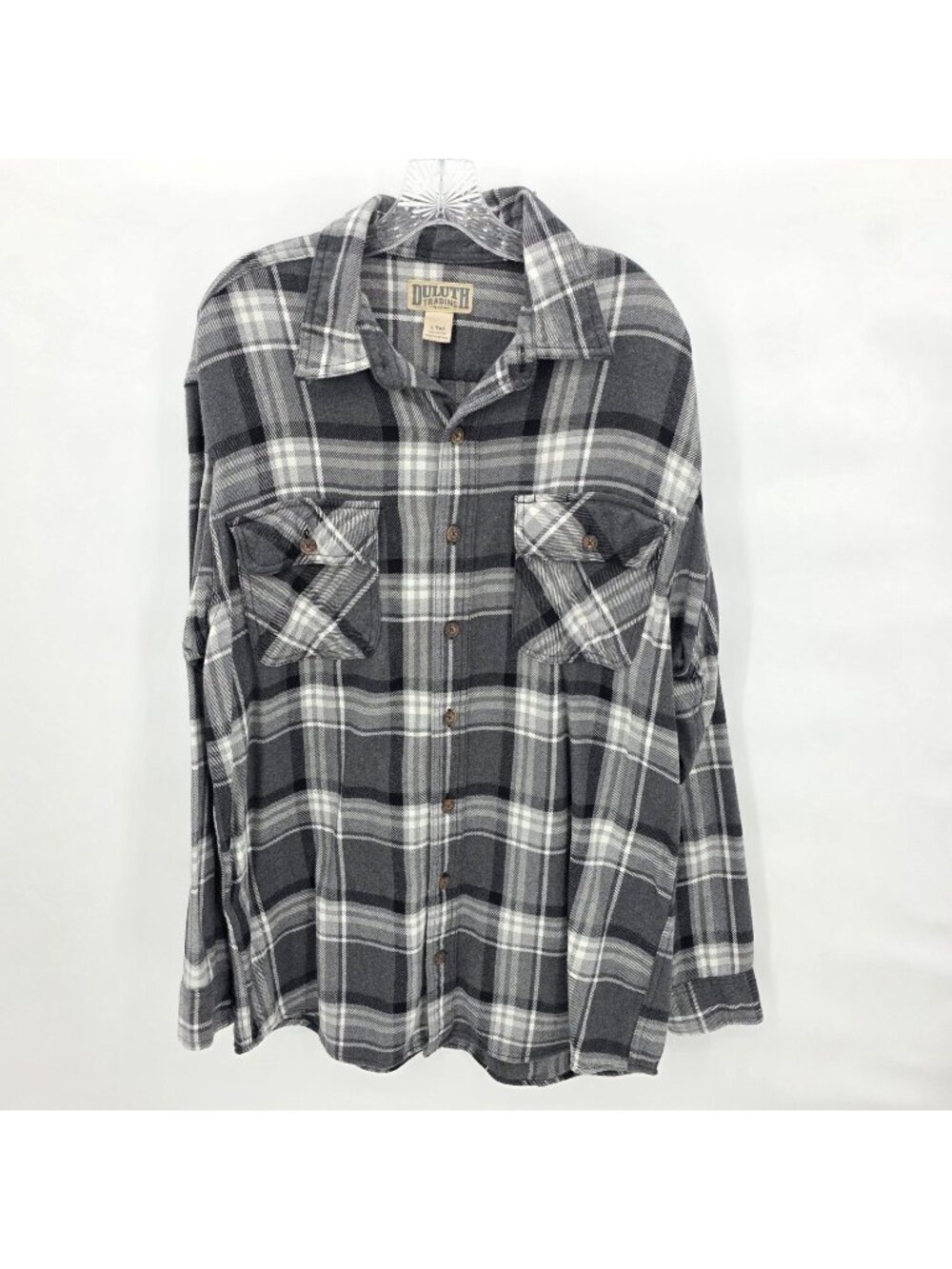 Duluth Trading Shirt Mens Large Tall Gray Plaid Flannel Button Up Cotton Casual